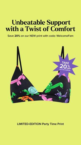 bra, bralette, sports bra, underwire bra, push up bra, wireless bra, lingerie, sale promotion, product launch, minimalist, playful, energetic, yellow, purple
